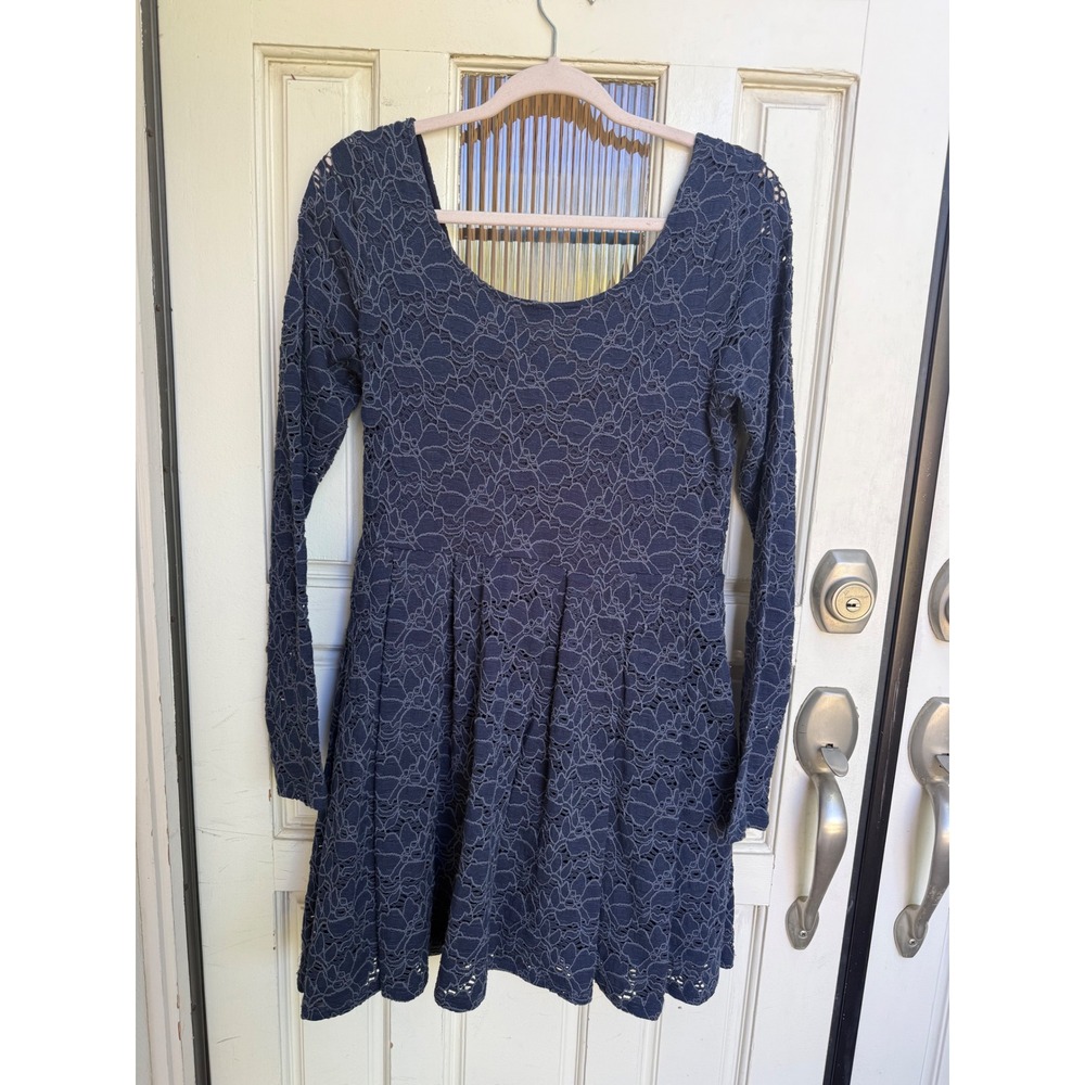 Free People Navy Blue Floral Lace Long Sleeve Fit and Flare Mini Dress Size S/M
